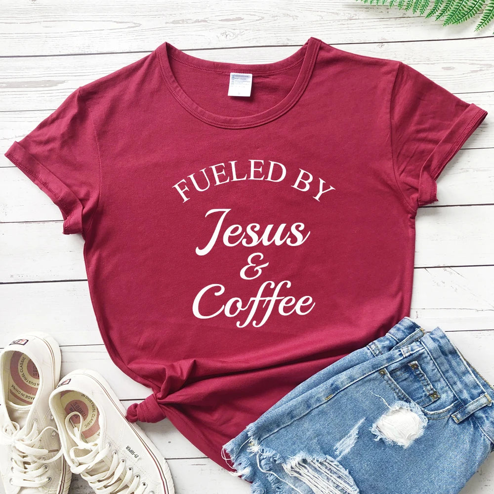 Fueled By Jesus & Coffee T-shirt Ladies Religious Christian Graphic Tee Top Fashion Women Motivational Bible Verse Church Tshirt