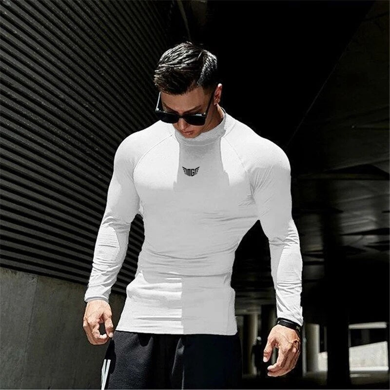 Compression Shirt Men Gym Long Sleeve T-shirt Hight Collar Joggers Sportswear Quick Dry Elasticity Bodybuilding Tight Clothing