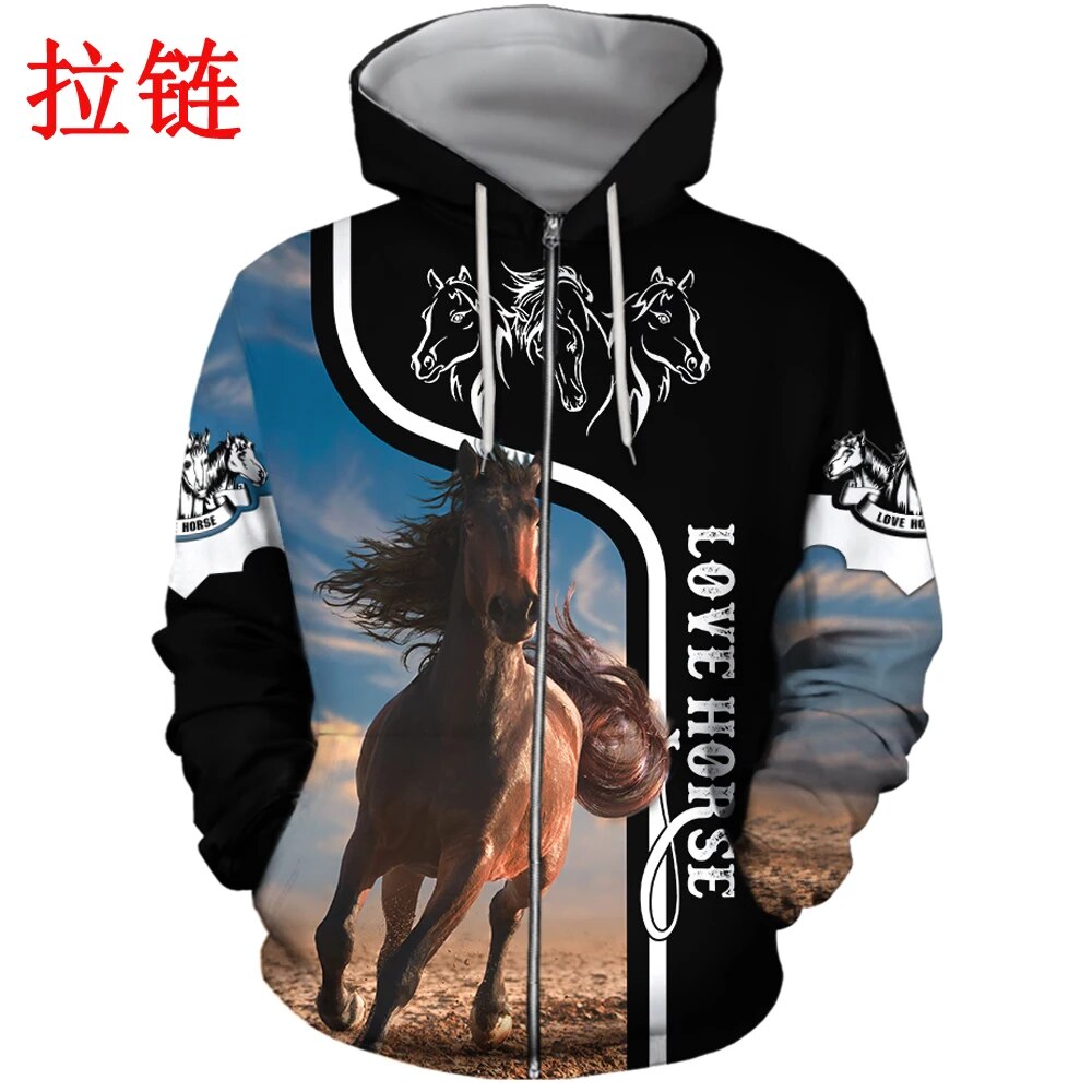 Beautiful Love Horse Design 3D Printed Mens Hoodie Streetwear Autumn Hooded Sweatshirt Unisex Casual Jacket Tracksuit DW0175