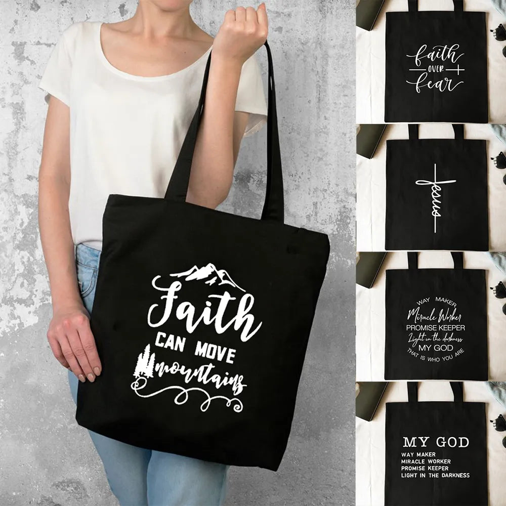 Faith Can Move Mountain Canvas Tote Shopping Bag Foldable Reusable My God Jesus Faith Over Fear Women Shopper Student Book Bags