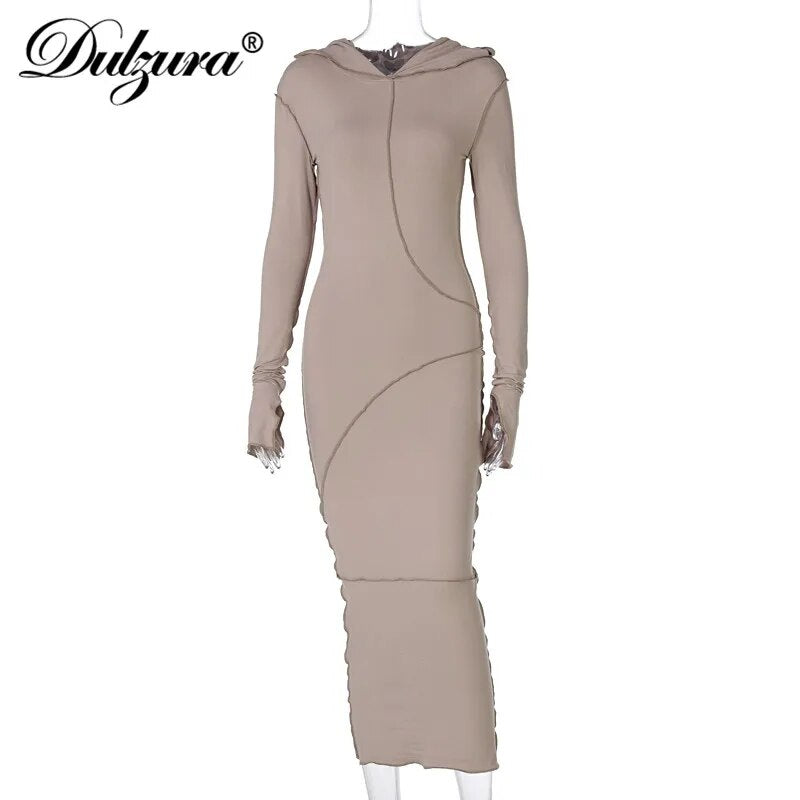 Dulzura Patchwork Slit Long Sleeve Women Hoodie Midi Dress Bodycon Sexy Streetwear 2020 Autumn Winter Slim Club Casual Party