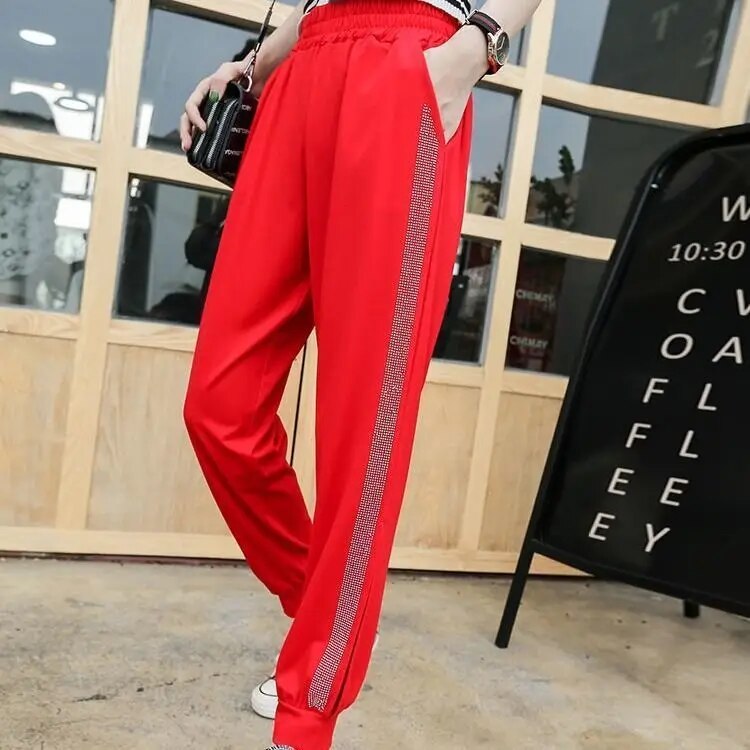 Contrast Panel Sweatpants Women Casual Harem Pants Loose Elastic Trousers Women Drilling Striped Side Sweat Pants Female 3xl