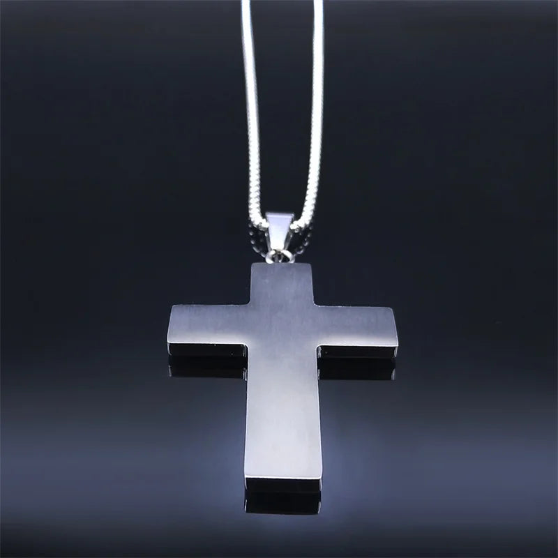 2023 Christian Cross Stainless Steel Big Necklace Sliver Color Religious Statement Necklace Jewelry acero inoxidable NXH364S05