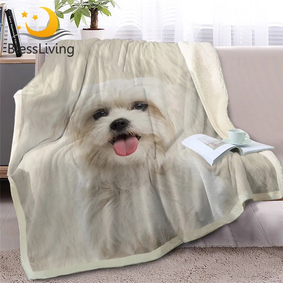 BlessLiving Shih Tzu Throw Blanket for Bed White Dog Fur Print Sherpa Fleece Blanket 3D Animal Bedding Puppy Plush Thin Quilt