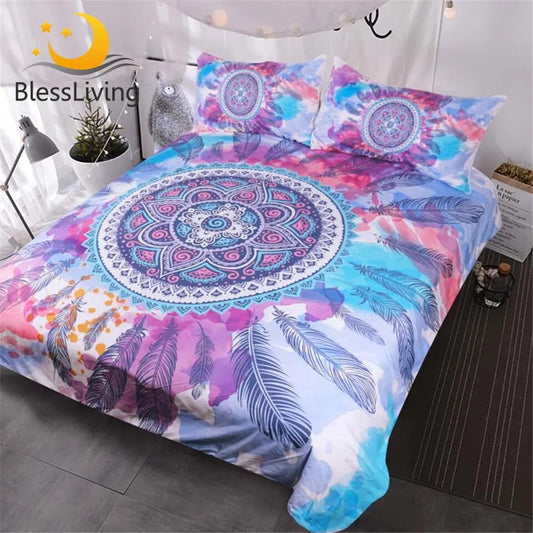 Blessliving Psychedelic Bedding Mandala Feathers Bed Set Pink Blue Purple Watercolor Hippy Duvet Cover Bohemian Bedclothes