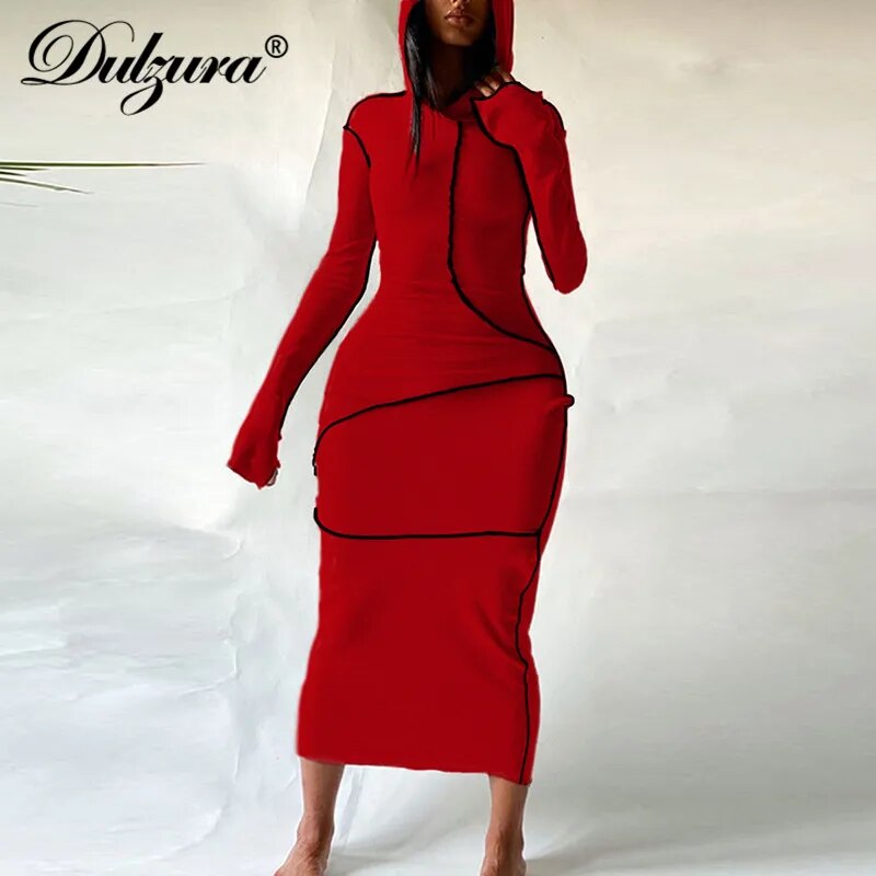 Dulzura Patchwork Slit Long Sleeve Women Hoodie Midi Dress Bodycon Sexy Streetwear 2020 Autumn Winter Slim Club Casual Party