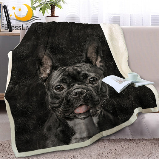 BlessLiving French Bulldog Sherpa Blanket on Bed Animal Dog Throw Blanket for Adult Brown Gray Bedding mantas para cama 150x200