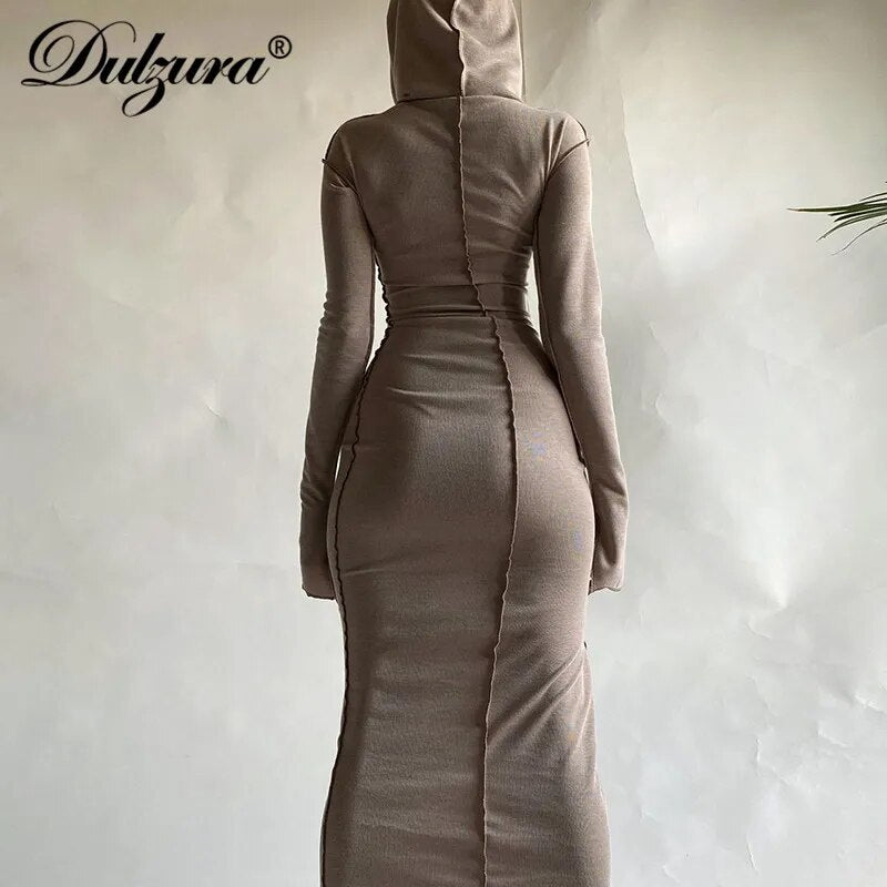 Dulzura Patchwork Slit Long Sleeve Women Hoodie Midi Dress Bodycon Sexy Streetwear 2020 Autumn Winter Slim Club Casual Party