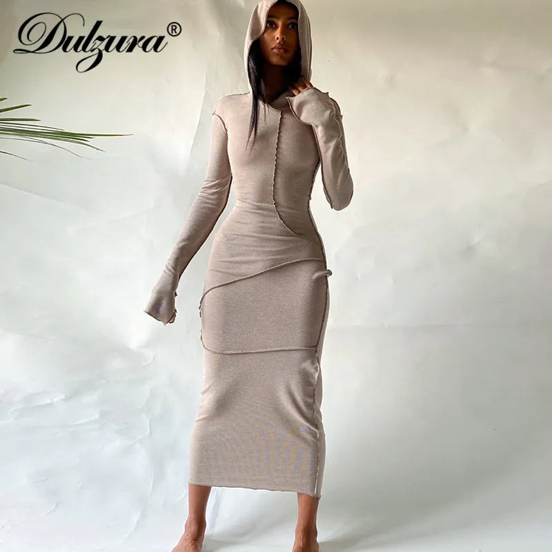 Dulzura Patchwork Slit Long Sleeve Women Hoodie Midi Dress Bodycon Sexy Streetwear 2020 Autumn Winter Slim Club Casual Party