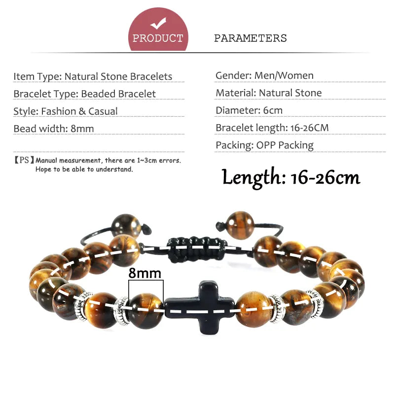 Handmade Natural Stone Wooden Beaded Bracelet Christian Jesus Cross Braided Bracelets Men Women Prayer Yoga Jewelry Couple Gift