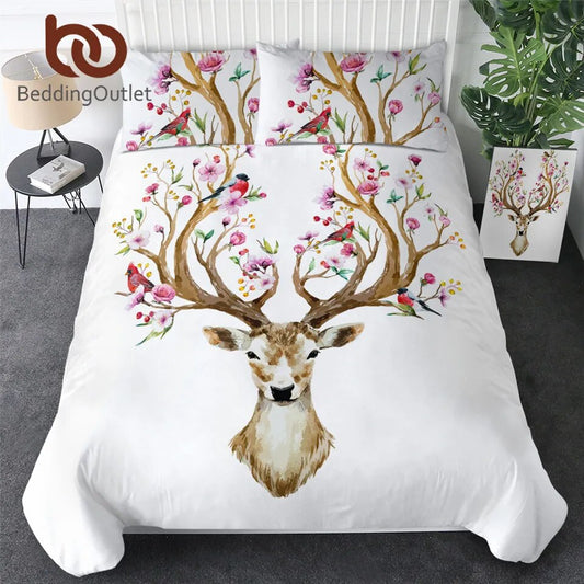 BeddingOutlet Elk Bedding Set Queen Floral Moose Duvet Cover Animal Reindeer Bedspreads for Kids Deer Bedspread Bed Set 3pcs