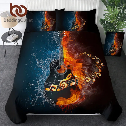 BeddingOutlet Fire And Water Guitar Bedding Set 3D Printed Duvet Cover Set Music Youth Bedclothes 3-Piece Vivid Bed Cover Queen