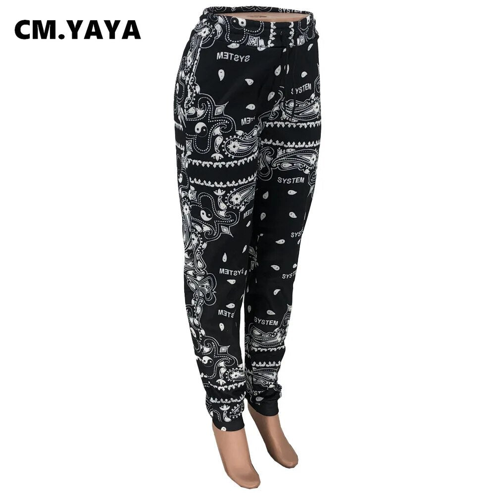 CM.YAYA Sportwear Women Bandanna Paisley Print Jogger Pants Activewear Fashion Trousers Draped Jogger Pants Sweatpants