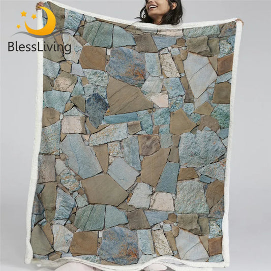 BlessLiving Modern Stone Sherpa Fleece Blanket Masonry Wall Throw Blanket Natural Inspired Bedding Vintage Plush Blanket Mantas