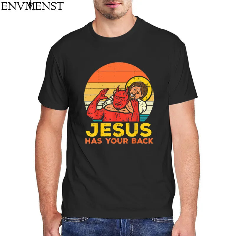 100% Cotton Men's TOP Jesus Has Your Back Jiu Jitsu Retro Christian Men TShirt high quality Oversized T Shirt Mens streetwear