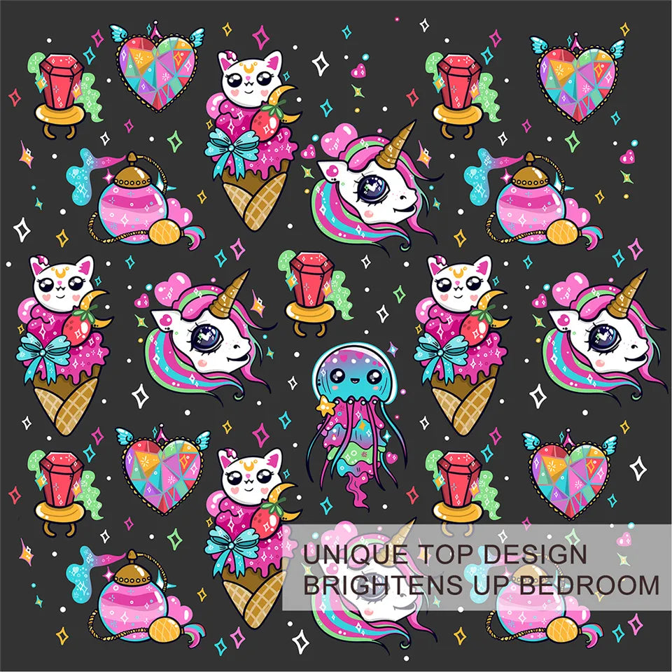 BlessLiving Unicorn Duvet Cover Set 3D Fantastic 3 Pieces Bedding Sets Ice Cream Quilt Cover for Kids Girl Kawaii Cats Bed Cover