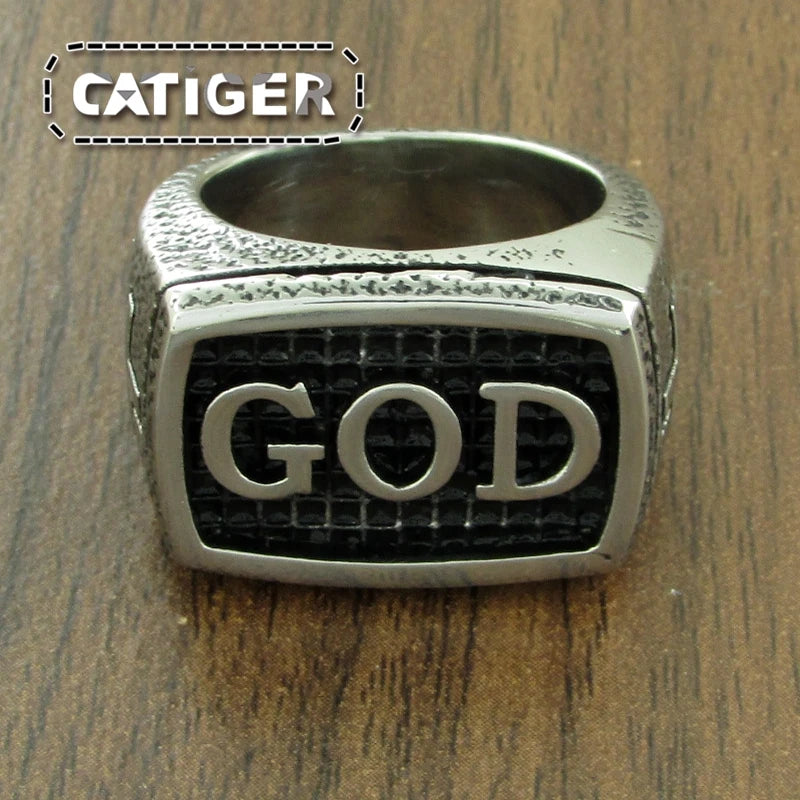 Free Shipping Vintage Cross Jesus GOD Ring 316L Stainless Steel Women Mens Retro Letter Rings Jewelry