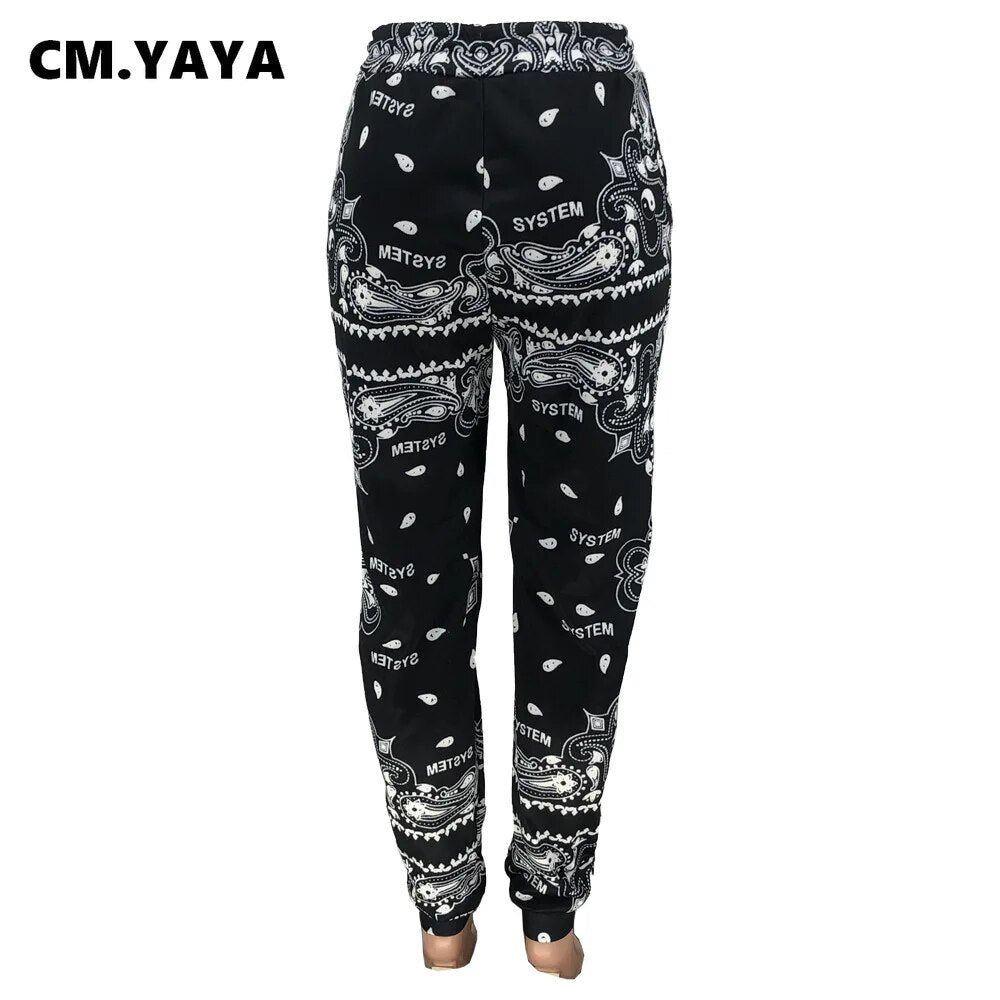 CM.YAYA Sportwear Women Bandanna Paisley Print Jogger Pants Activewear Fashion Trousers Draped Jogger Pants Sweatpants