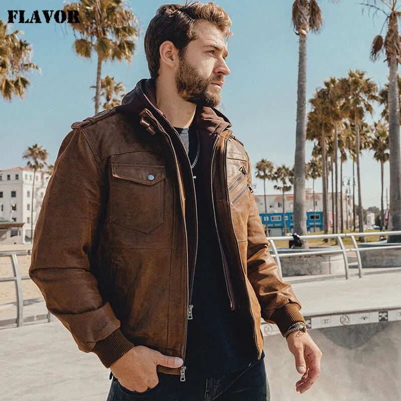 FLAVOR Men's Real Leather Jacket Men Motorcycle Removable Hood winter coat Men Warm Genuine Leather Jackets