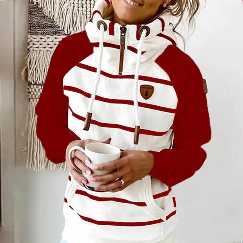 2021 Winter New Women Hoodie Fashion Zipper Stripe Pocket Female Sweatshirt Casual Long Sleeve Loose Thick Warm Lady Pullover