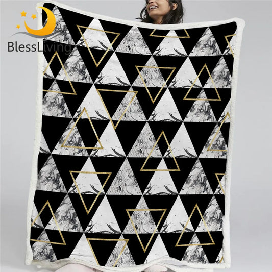 BlessLiving Marble Blanket Modern Geometric Sherpa Fleece Blankets Golden Gray Bed Couch Stylish Reversible Blanket Soft Bedding