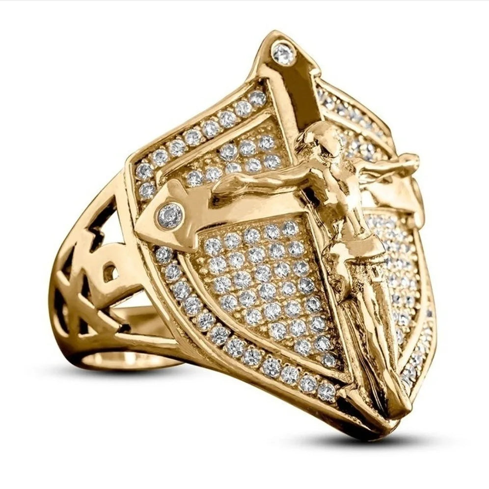 Luxury Christian Savior Jesus Cross Zircon Men Ring Motorcycle Party Hip Hop Shield Anniversary Stainless Steel Jewelry