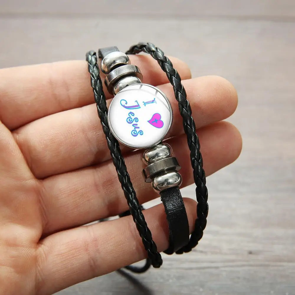 Jesus Fish Christian Symbol Bracelet Handmade Glass Gem Punk Black Braided Leather Bracelets for Men Women Cuff Jewelry Pulseira