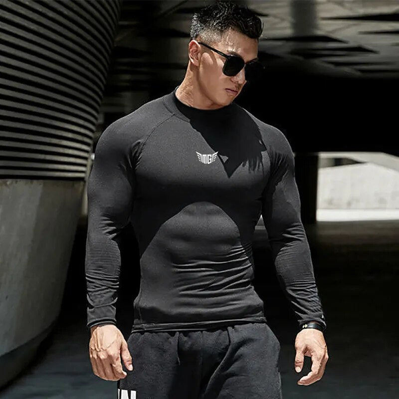 Compression Shirt Men Gym Long Sleeve T-shirt Hight Collar Joggers Sportswear Quick Dry Elasticity Bodybuilding Tight Clothing