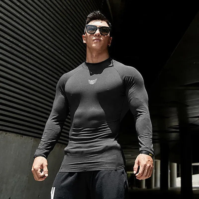 Compression Shirt Men Gym Long Sleeve T-shirt Hight Collar Joggers Sportswear Quick Dry Elasticity Bodybuilding Tight Clothing