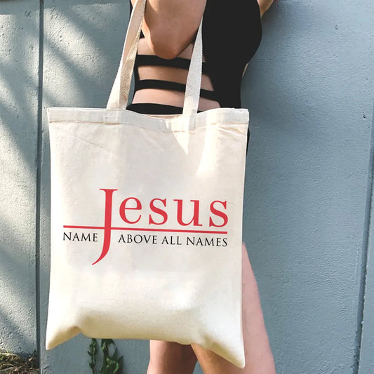 Jesus Name Above All Name Women Shoulder Tote Bag Casual Fashion Canvas Shopping Bag Large Capacity Handbag Christian Gifts