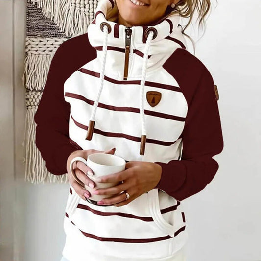 2021 Winter New Women Hoodie Fashion Zipper Stripe Pocket Female Sweatshirt Casual Long Sleeve Loose Thick Warm Lady Pullover