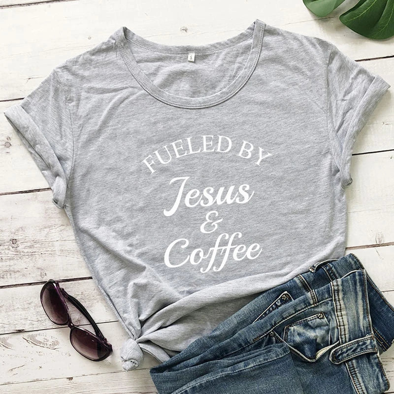 Fueled By Jesus & Coffee T-shirt Ladies Religious Christian Graphic Tee Top Fashion Women Motivational Bible Verse Church Tshirt