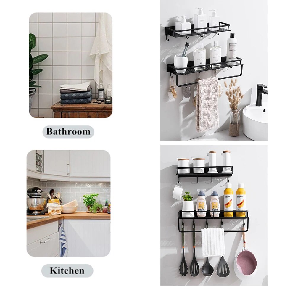 Matt Black Wall Mounted Shelf Cookware Pantry Storage Organizer Kitchen Pantry Bathroom Pot Pan Rack With 6 Hooks Accessory