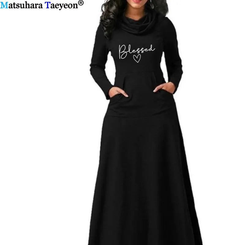 Blessed Letter Print Dress Women With Pocket Long Sleeve Christian 90s Girl Aesthetic Faith Jesus dresses Long Elegant