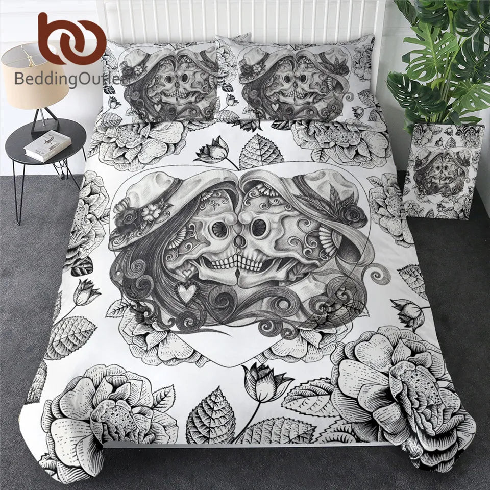 BeddingOutlet Skull Bedding Set King Top Rated Boy Gothic Duvet Cover 3pcs Couples Vintage Bedclothes Floral Double Love Bed Set