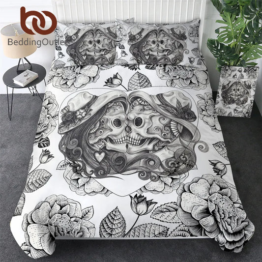 BeddingOutlet Skull Bedding Set King Top Rated Boy Gothic Duvet Cover 3pcs Couples Vintage Bedclothes Floral Double Love Bed Set