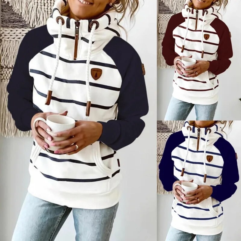 2021 Winter New Women Hoodie Fashion Zipper Stripe Pocket Female Sweatshirt Casual Long Sleeve Loose Thick Warm Lady Pullover