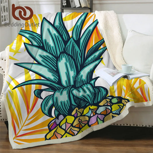 BeddingOutlet Pineapple Throw Blanket Fruit Custom Blanket Golden Leaf Sherpa Fleece Blanket Tropical Plush Linen Bedding Mantas