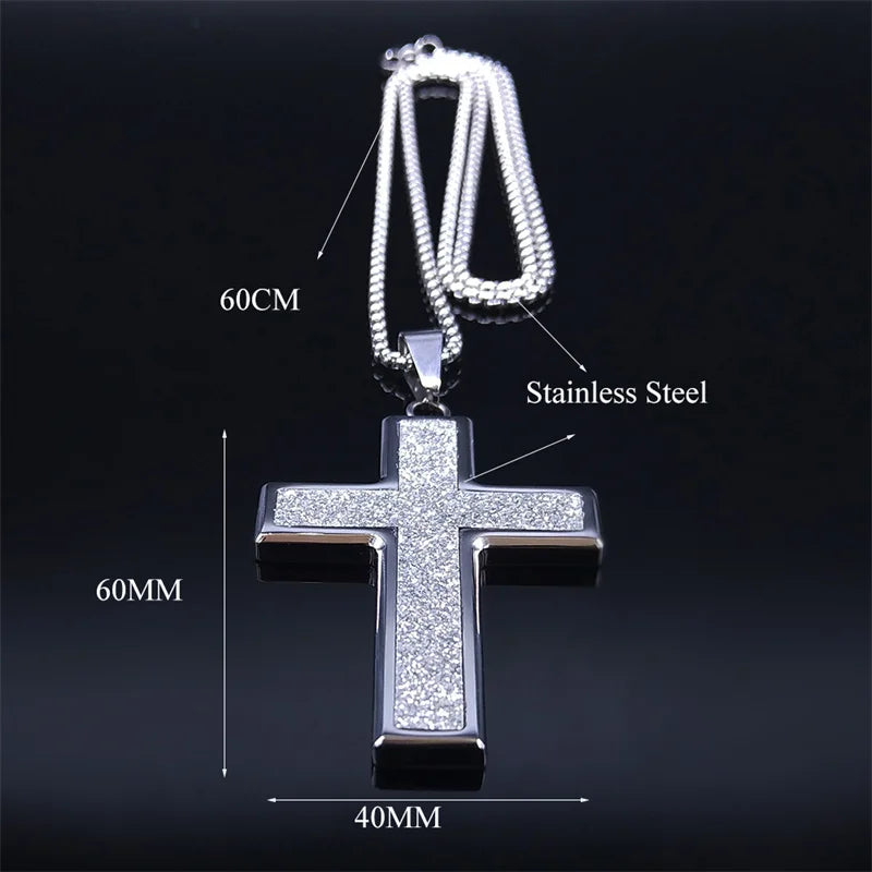 2023 Christian Cross Stainless Steel Big Necklace Sliver Color Religious Statement Necklace Jewelry acero inoxidable NXH364S05