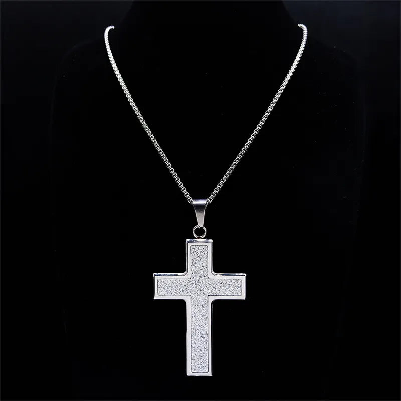 2023 Christian Cross Stainless Steel Big Necklace Sliver Color Religious Statement Necklace Jewelry acero inoxidable NXH364S05