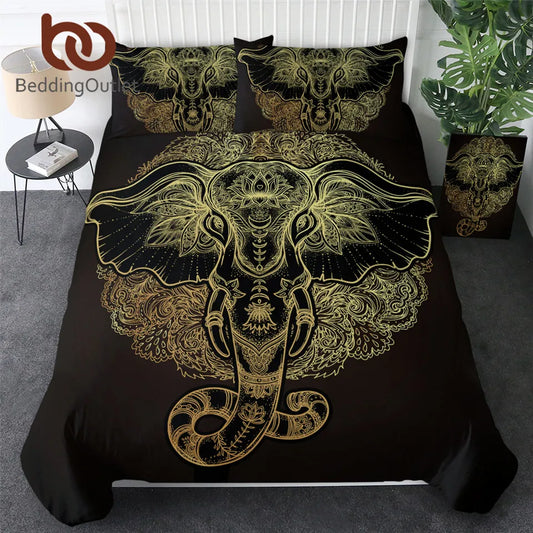 BeddingOutlet Tribal Elephant Bedding Set Boho Mandala Golden Design Ethnic God Duvet Cover Symbol Bed Set