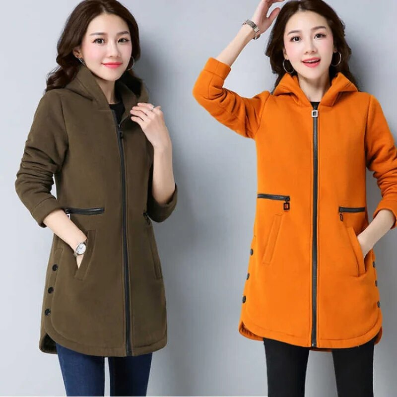 Fashion Women Hoodie New 2022 Autumn Winter Solid Color Casual Jacket Mid-Long Hooded Zipper Add Velvet Outwear Sportsuit K887