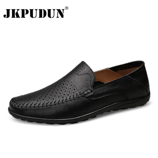 JKPUDUN Italian Mens Shoes Casual Luxury Brand Summer Men Loafers Genuine Leather Moccasins Comfy Breathable Slip On Boat Shoes