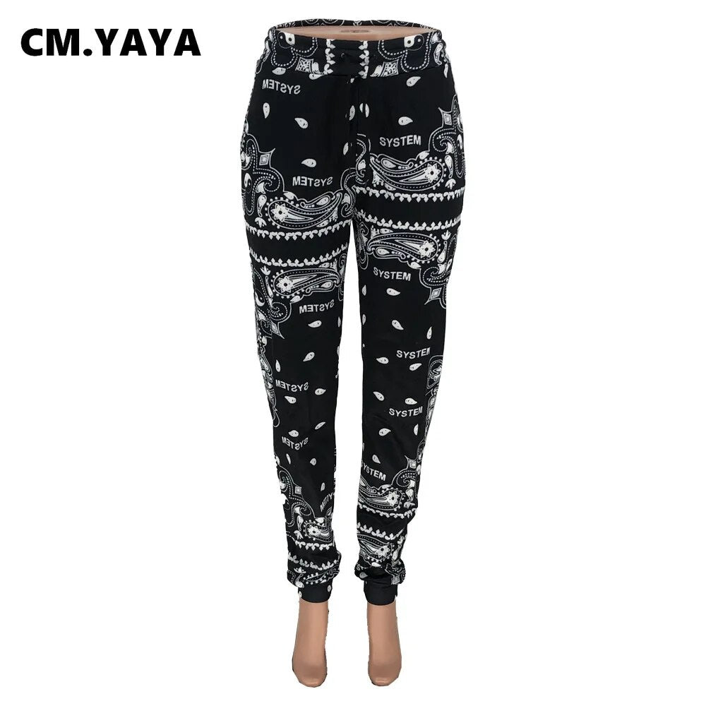 CM.YAYA Sportwear Women Bandanna Paisley Print Jogger Pants Activewear Fashion Trousers Draped Jogger Pants Sweatpants