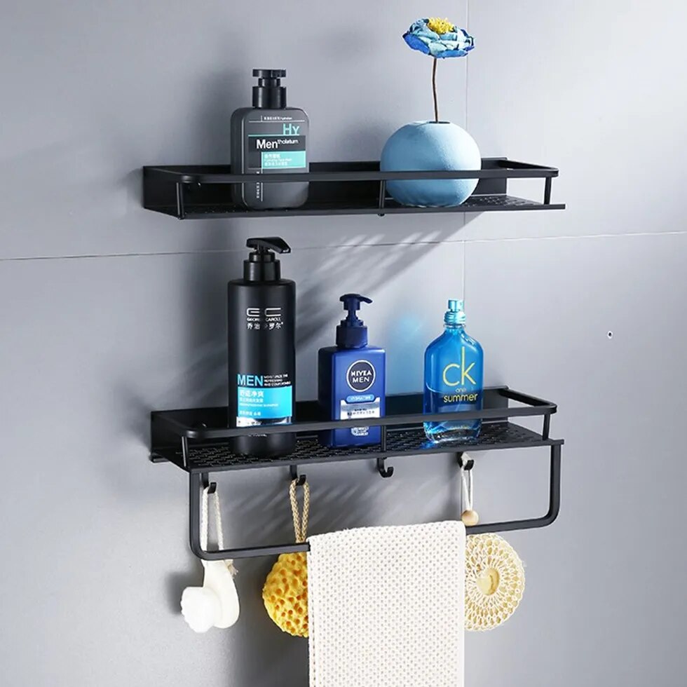 Matt Black Wall Mounted Shelf Cookware Pantry Storage Organizer Kitchen Pantry Bathroom Pot Pan Rack With 6 Hooks Accessory