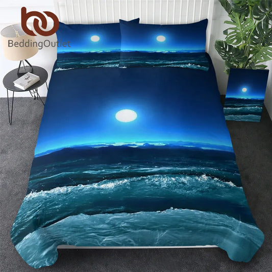 BeddingOutlet Moon And Ocean Duvet Cover Set Bed Spread Cool 3D Print Bedlinen Soft Blue Bedding Set 3pcs Twin Full Queen King