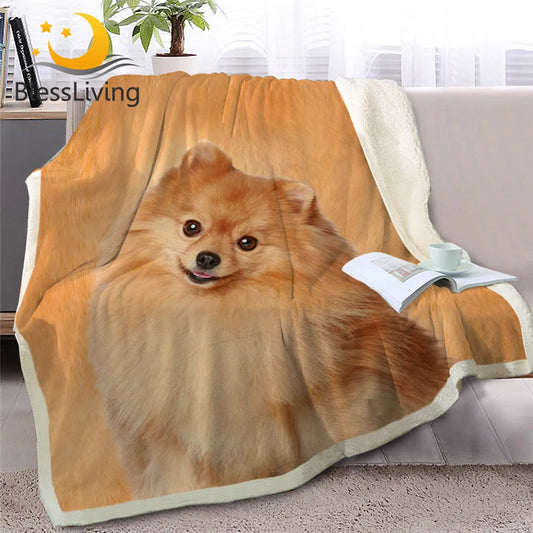 BlessLiving Pomeranian Throw Blanket 3D Printed Sherpa Fleece Bed Blanket Animal Dog Plush Bedspread Brown Bedding 150x200cm