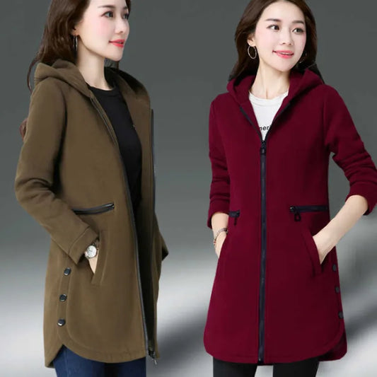 Fashion Women Hoodie New 2022 Autumn Winter Solid Color Casual Jacket Mid-Long Hooded Zipper Add Velvet Outwear Sportsuit K887