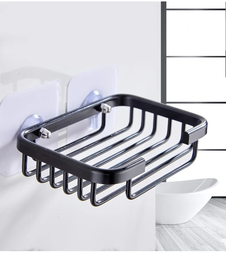 Bathroom Soap Dish Storage Holder Aluminum Nail Free Wall Mounted Soap Box Basket Square Rack Soap Case