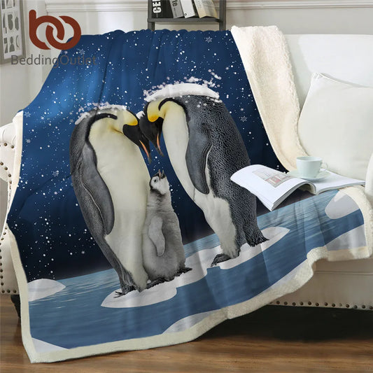 BeddingOutlet Penguin Family Blanket For Beds Animal Protection Bedding 3D Snowing Sherpa Fleece Blanket Blue Plush Bedspread